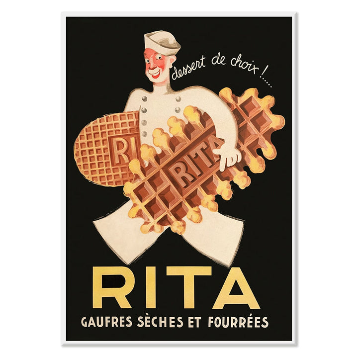 Chef holding waffles with dessert de choix by Leon Dupin titled Rita Gaufres on a vintage style poster promoting desserts, with black aluminium frame on white background