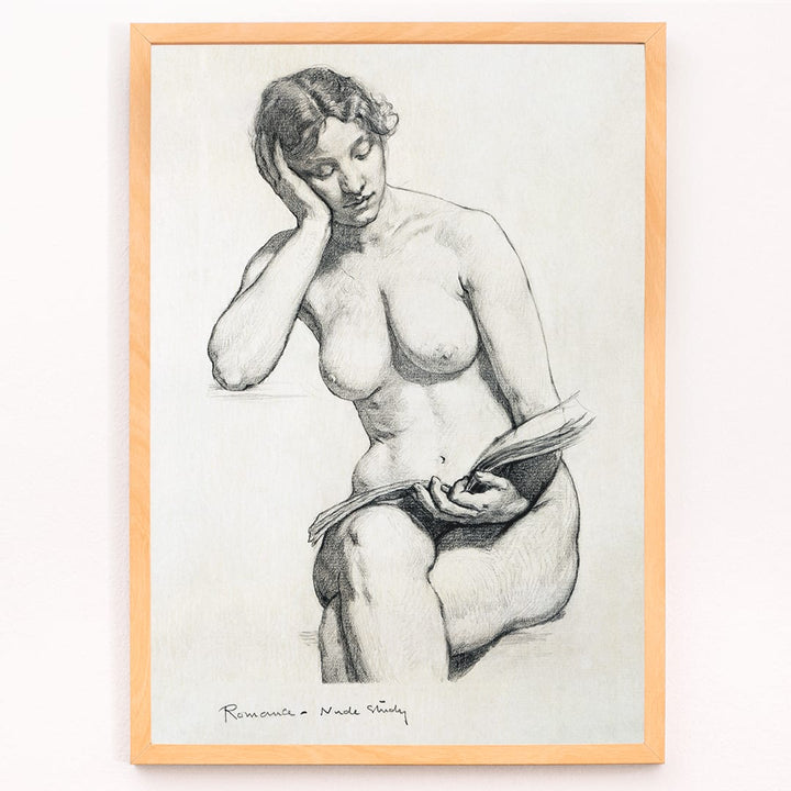Nude Study 1896 by Kenion Cox pencil sketch of a seated nude woman reading a book contemplative expression art poster, framed and displayed in modern living room decor