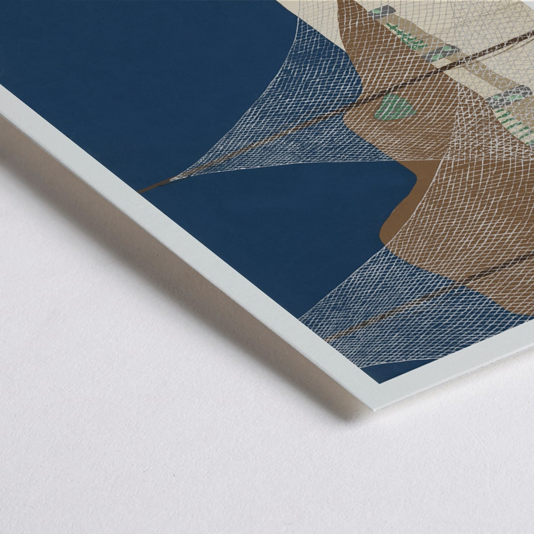 Closeup detail of Ryoson by Kamisaka Sekka coastal scene with fishing nets mountains net-covered structures blue sky and landscape