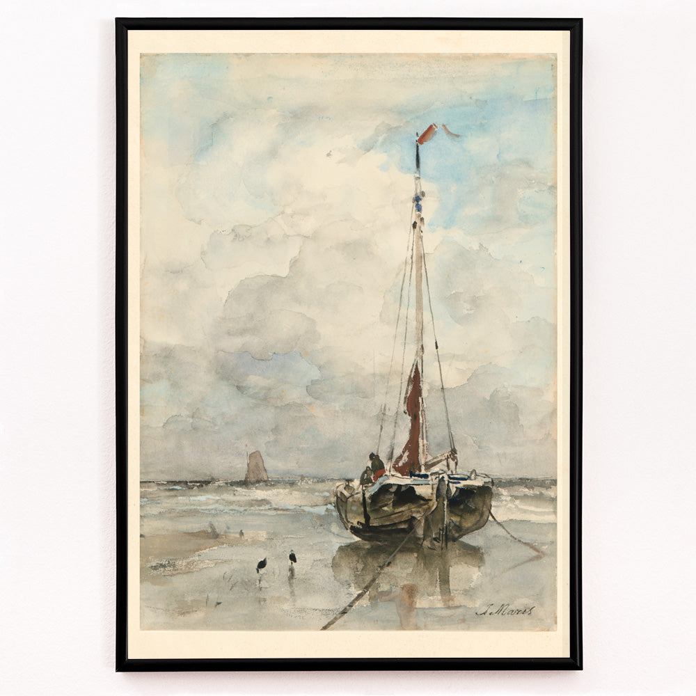 Closeup detail of Sail boat on sandy beach under cloudy sky artwork by Jacob Maris poster inspired by Sail boat on the beach