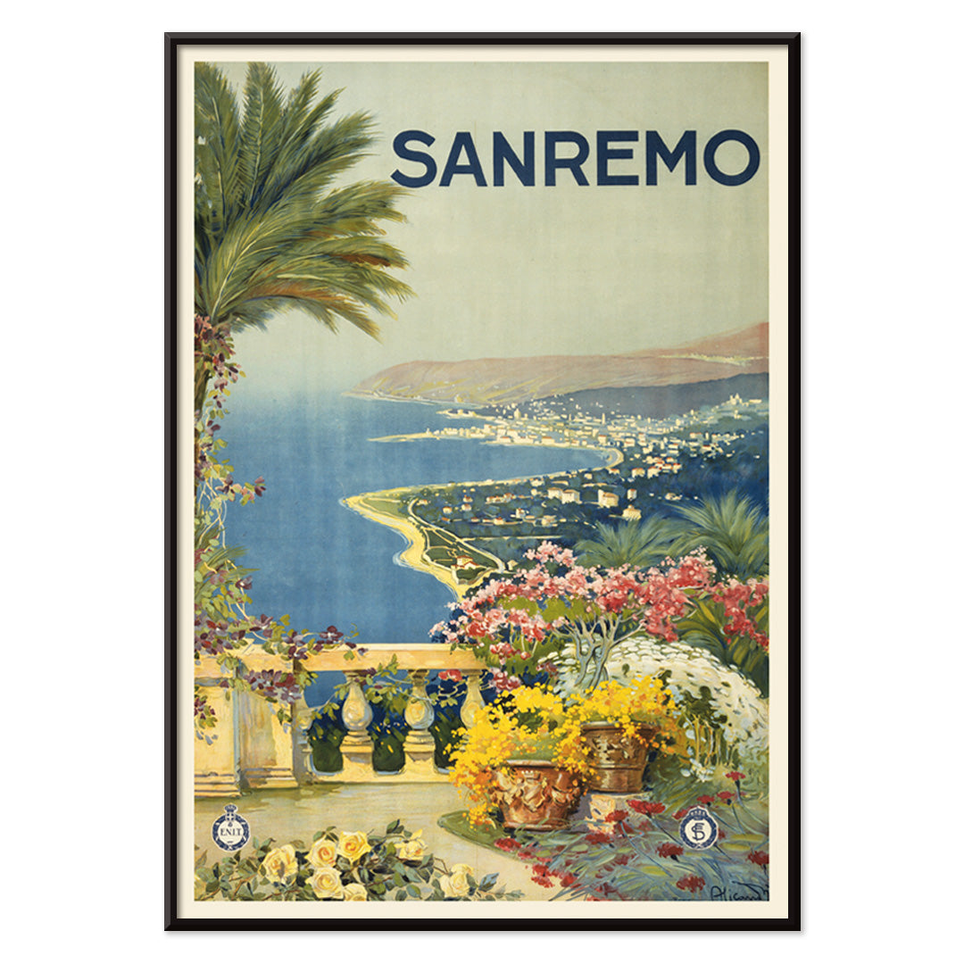 Scenic coastal landscape of Sanremo with flowers palm trees and sea view poster wall decor travel inspiration, with black aluminium frame on white background