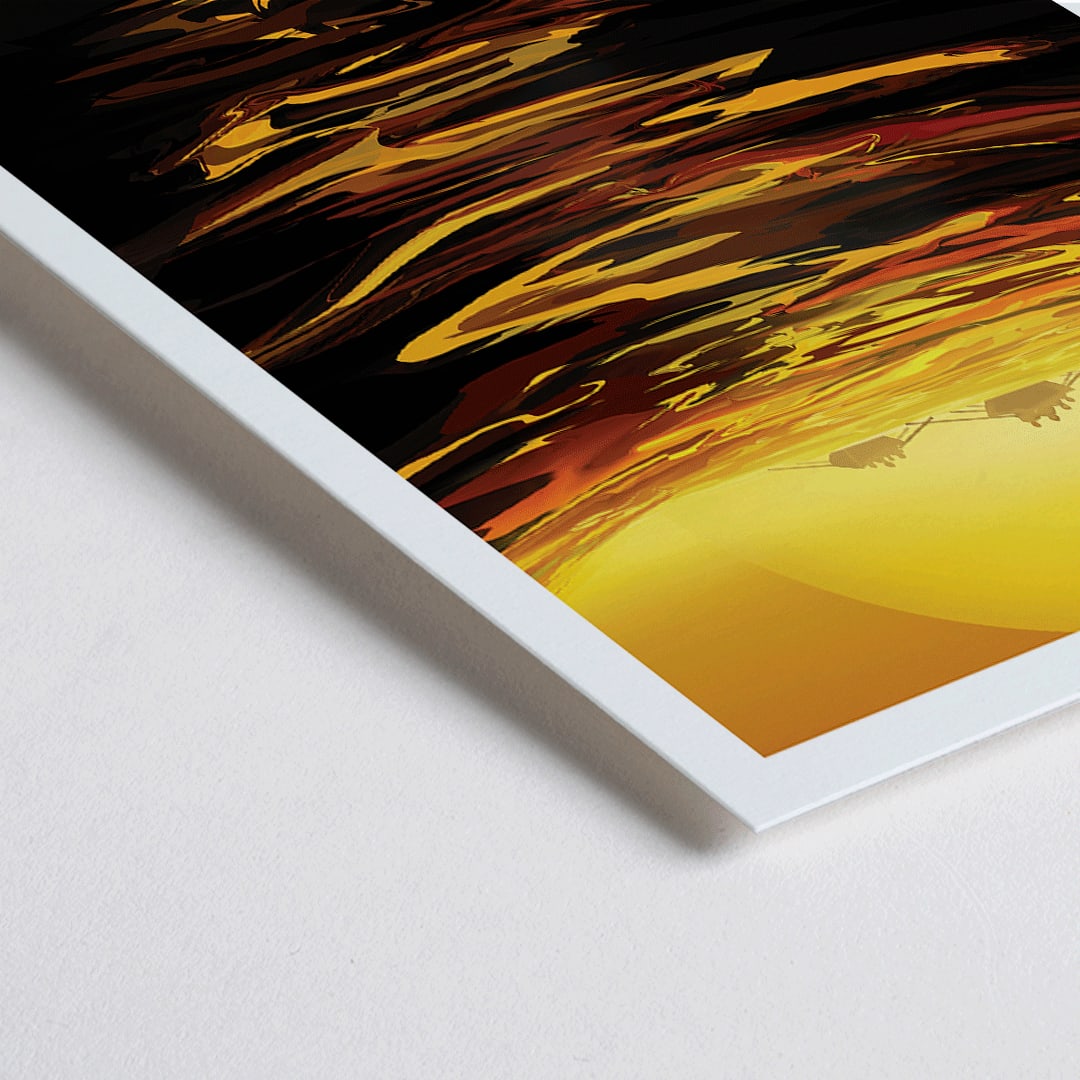 Closeup detail of Futuristic boats on golden waves with Saturn in the background at sunset inspired by Titan Ride the tides through the throat of Kraken by NASA