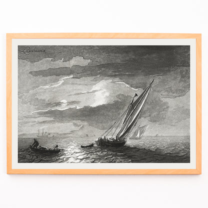 Closeup detail of Sailboats on a moonlit sea seascape with full moon by Cornelis Ploos van Amstel poster showing sailboats on the ocean under a moonlit sky