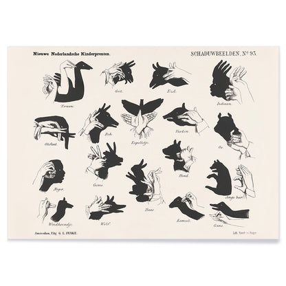 Vintage hand shadow puppet illustrations and animal shapes poster from Shadow Hands by George Lodewijk Funke artwork, with black aluminium frame on white background