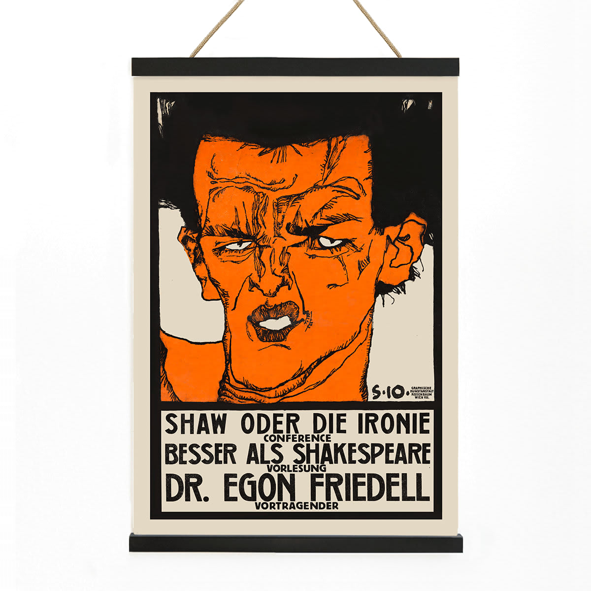 Colorful abstract portrait poster by Egon Schiele titled Shaw or Irony Lecture by Egon Friedell with bold colors and text, with wooden magnetic frame on white background