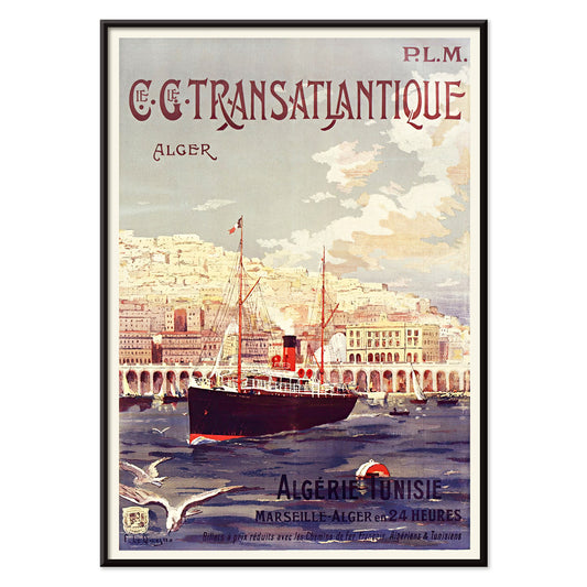 Vintage steamship in Algiers harbor with city buildings travel poster by Fernand Le Quesne Cie Cle Transatlantique, with black aluminium frame on white background