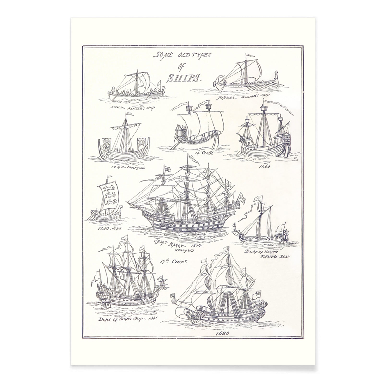 Historic ship illustrations and detailed pen sketches from Sea Pictures drawn with pen and pencil by James Macaulay, with black aluminium frame on white background
