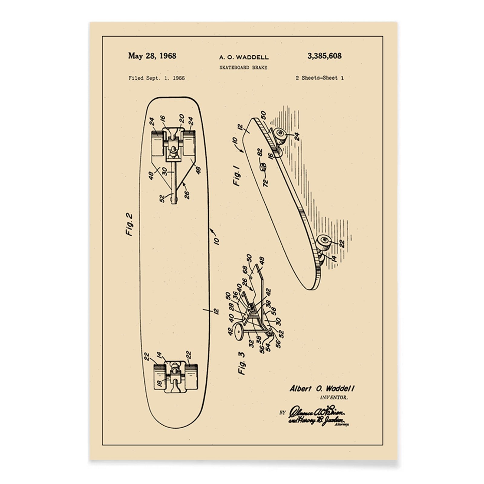 Technical illustration and poster of skateboard brake concept by artist A O Waddell titled Skate Board Brake Patent featuring labeled technical drawings for wall decor, with black aluminium frame on white background