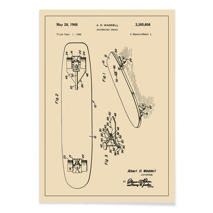 Technical illustration and poster of skateboard brake concept by artist A O Waddell titled Skate Board Brake Patent featuring labeled technical drawings for wall decor, with black aluminium frame on white background