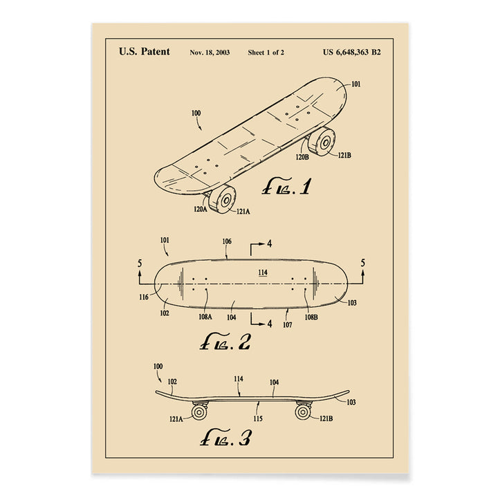 Skateboard patent drawing and technical poster by US Patents ideal wall art decor, with black aluminium frame on white background