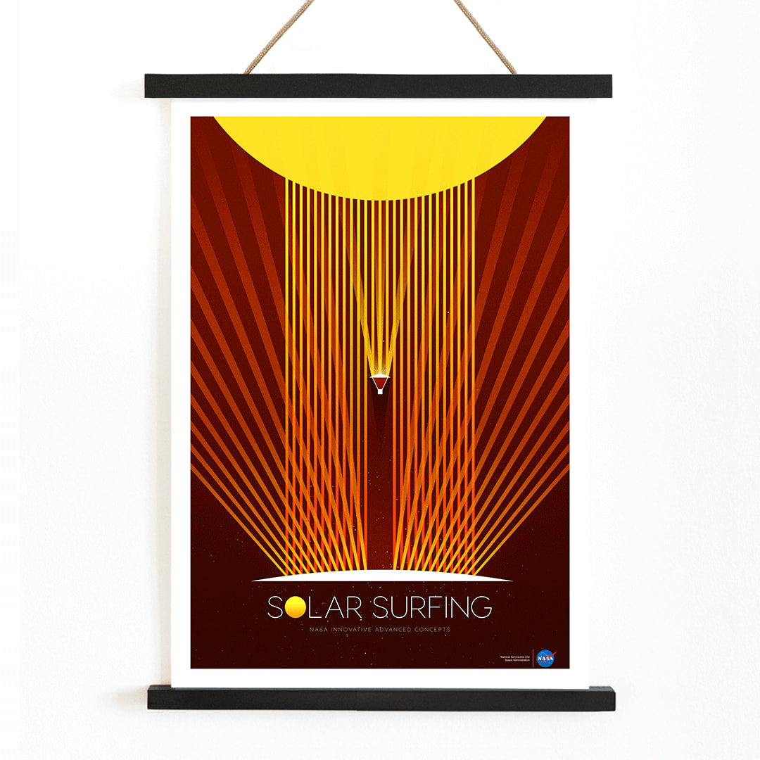 Solar Surfing by NASA poster featuring a stylized spacecraft surfing solar flares from a bright yellow sun with orange rays and geometric design, with wooden magnetic frame on white background