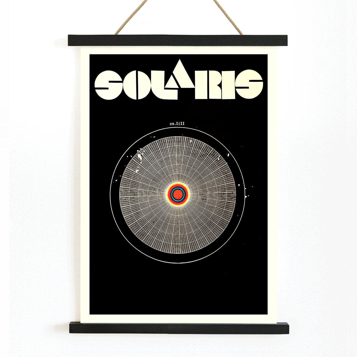 Solaris Movie Poster abstract cosmic and circular design with intricate vibrant patterns on black background by Daniela Narvaez and anonymous artist, with wooden magnetic frame on white background