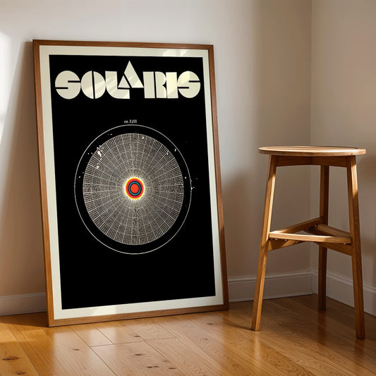 Solaris Movie Poster abstract cosmic and circular design with intricate vibrant patterns on black background by Daniela Narvaez and anonymous artist, framed and displayed in home decor