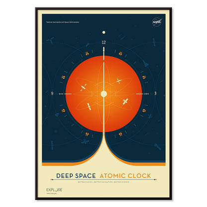 Vibrant orange atomic clock with space elements Deep Space Atomic Clock by NASA modern space artwork, with black aluminium frame on white background