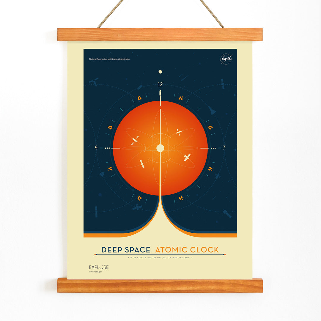 Vibrant orange atomic clock with space elements Deep Space Atomic Clock by NASA modern space artwork, with wooden magnetic frame on white background