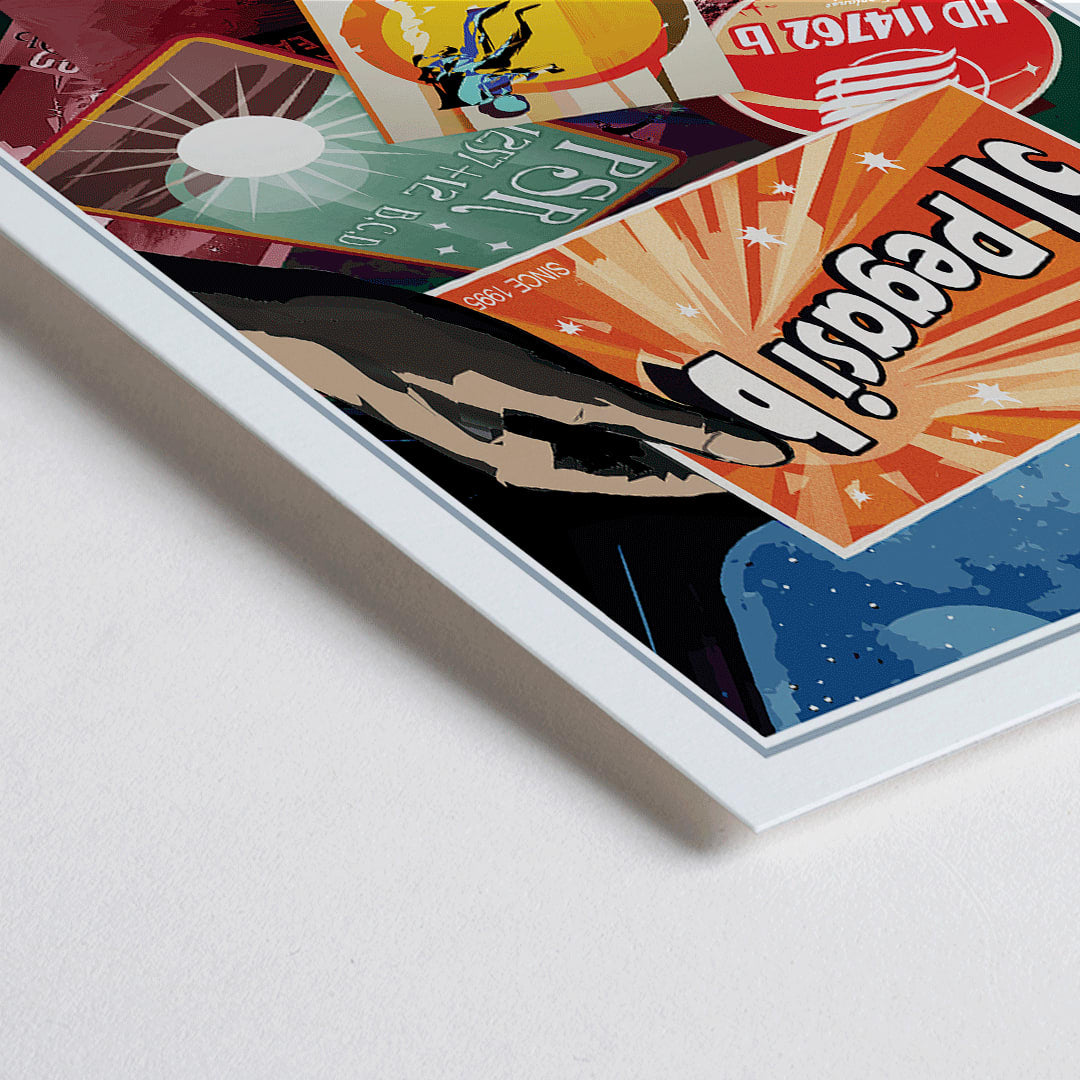 Closeup detail of NASA retro style space travel poster with vibrant exoplanet postcards and text greetings from your first exoplanet wall decor