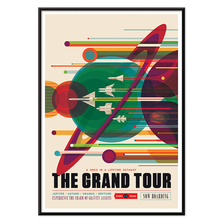 Retro space travel poster The Grand Tour by NASA featuring colorful planets and retro spaceships ideal for space exploration fans, with black aluminium frame on white background