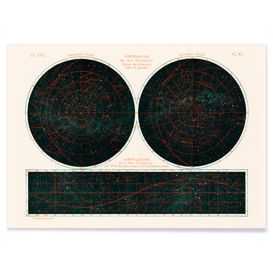 Celestial chart and poster of the two hemispheres night sky by Guillemin Amédée showing Constellations of the Two Hemispheres star maps, with black aluminium frame on white background