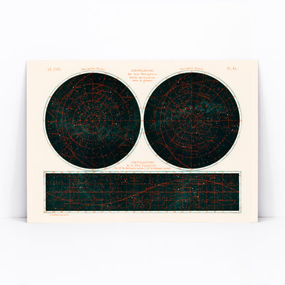 Celestial chart and poster of the two hemispheres night sky by Guillemin Amédée showing Constellations of the Two Hemispheres star maps, framed and displayed in modern living room decor