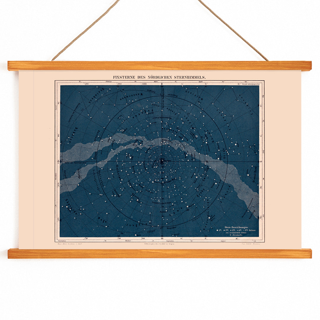Star map of the Milky Way North Hemisphere by Institute of Liepzig featuring labeled constellations and celestial features, with wooden magnetic frame on white background