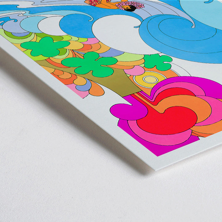 Closeup detail of Colorful surfing scene artwork promoting Hawaii by Continental Airline featuring a surfer riding a vibrant wave titled Surf