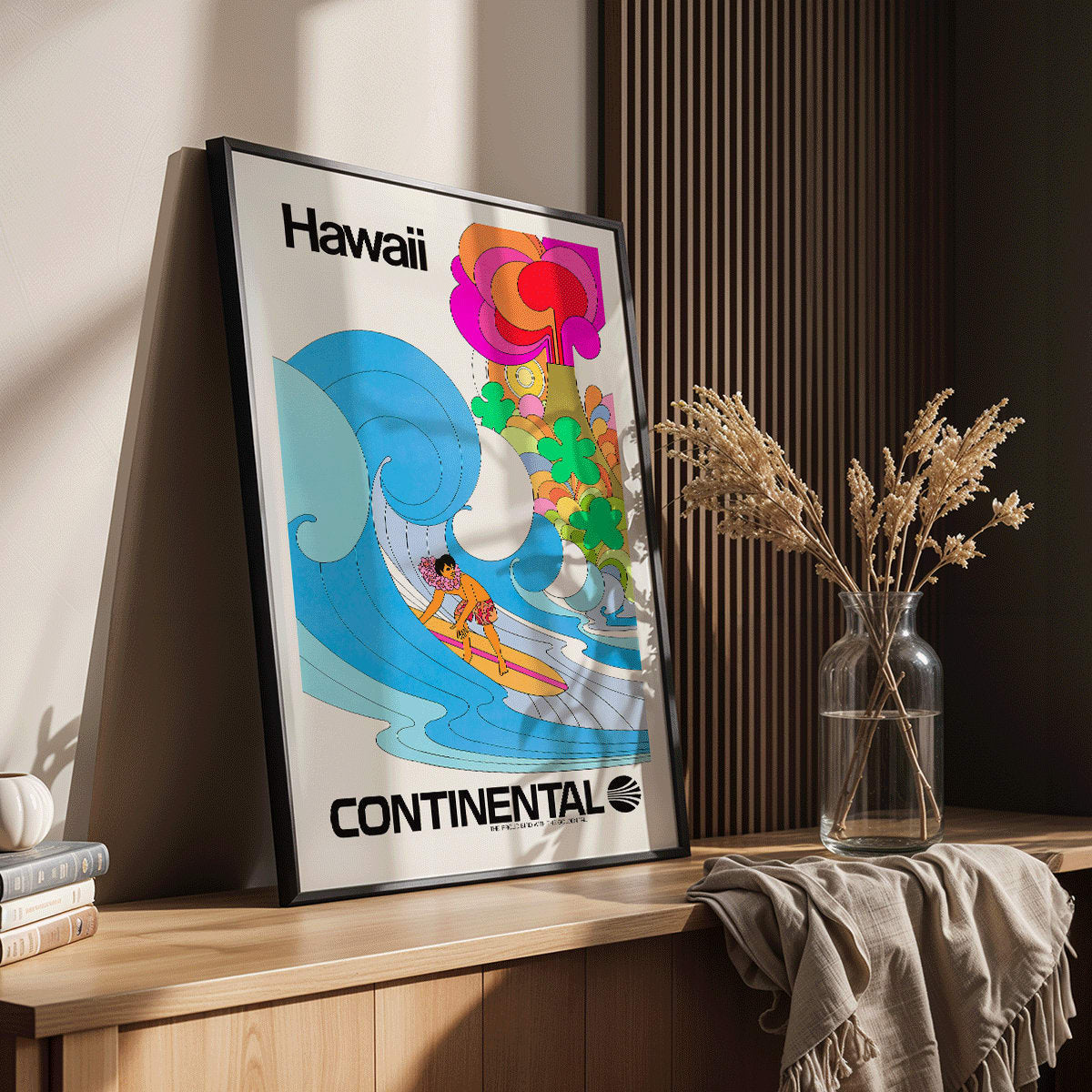 Colorful surfing scene artwork promoting Hawaii by Continental Airline featuring a surfer riding a vibrant wave titled Surf, framed and displayed in home decor