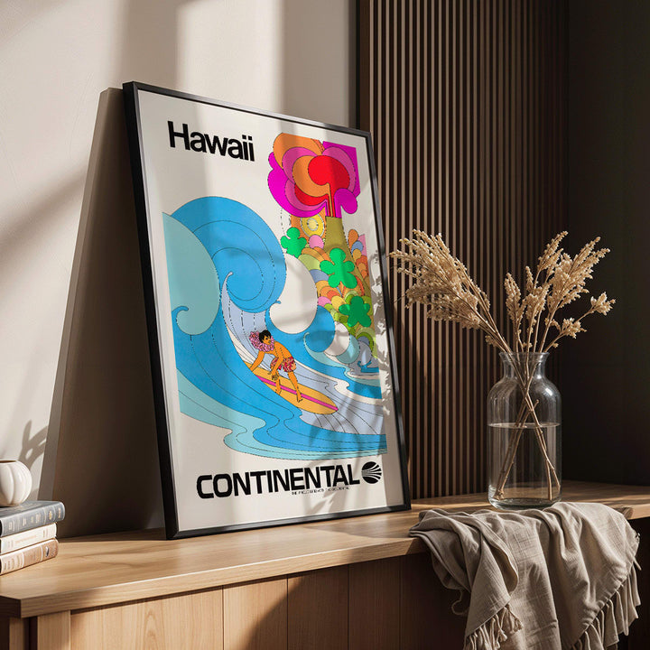 Colorful surfing scene artwork promoting Hawaii by Continental Airline featuring a surfer riding a vibrant wave titled Surf, framed and displayed in home decor