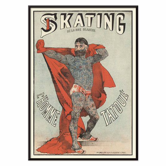 Emile Levy Skating de la Rue Blanche The Tattooed Man vintage lithograph poster with red drape, with black aluminium frame on white background