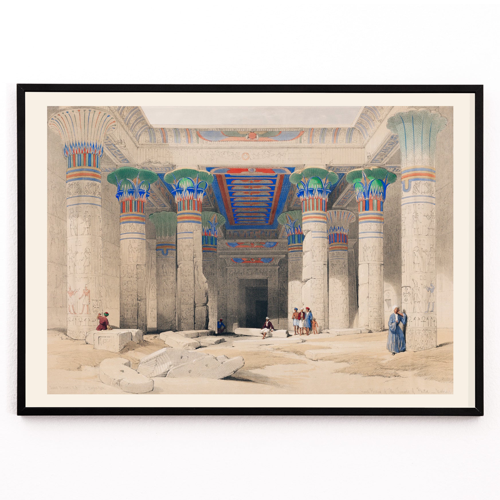 Closeup detail of Colorful columns ancient ruins and Egyptian temple pillars with people in Grand Portico of the Temple of Philae by David Roberts