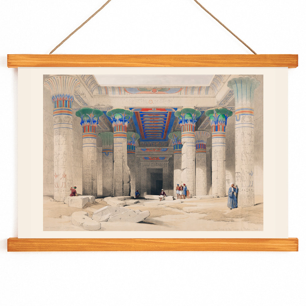Colorful columns ancient ruins and Egyptian temple pillars with people in Grand Portico of the Temple of Philae by David Roberts, with wooden magnetic frame on white background