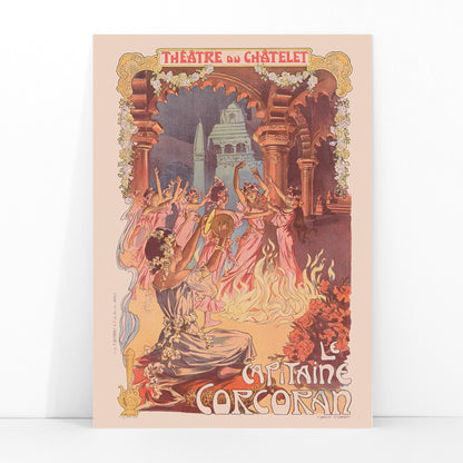 Vintage theater poster women dancing around a fire with floral decorations by Vincent Lorant-Heilbronn for Le Capitaine Corcoran at Théâtre du Châtelet, framed and displayed in modern living room decor