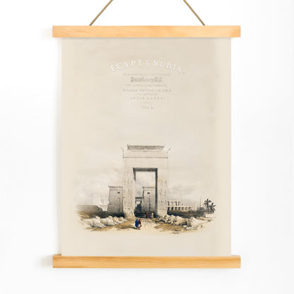 Ancient Egyptian gateway and Great gateway at Temple of Karnak Thebes with hieroglyphs people and ruins artwork by David Roberts, with wooden magnetic frame on white background