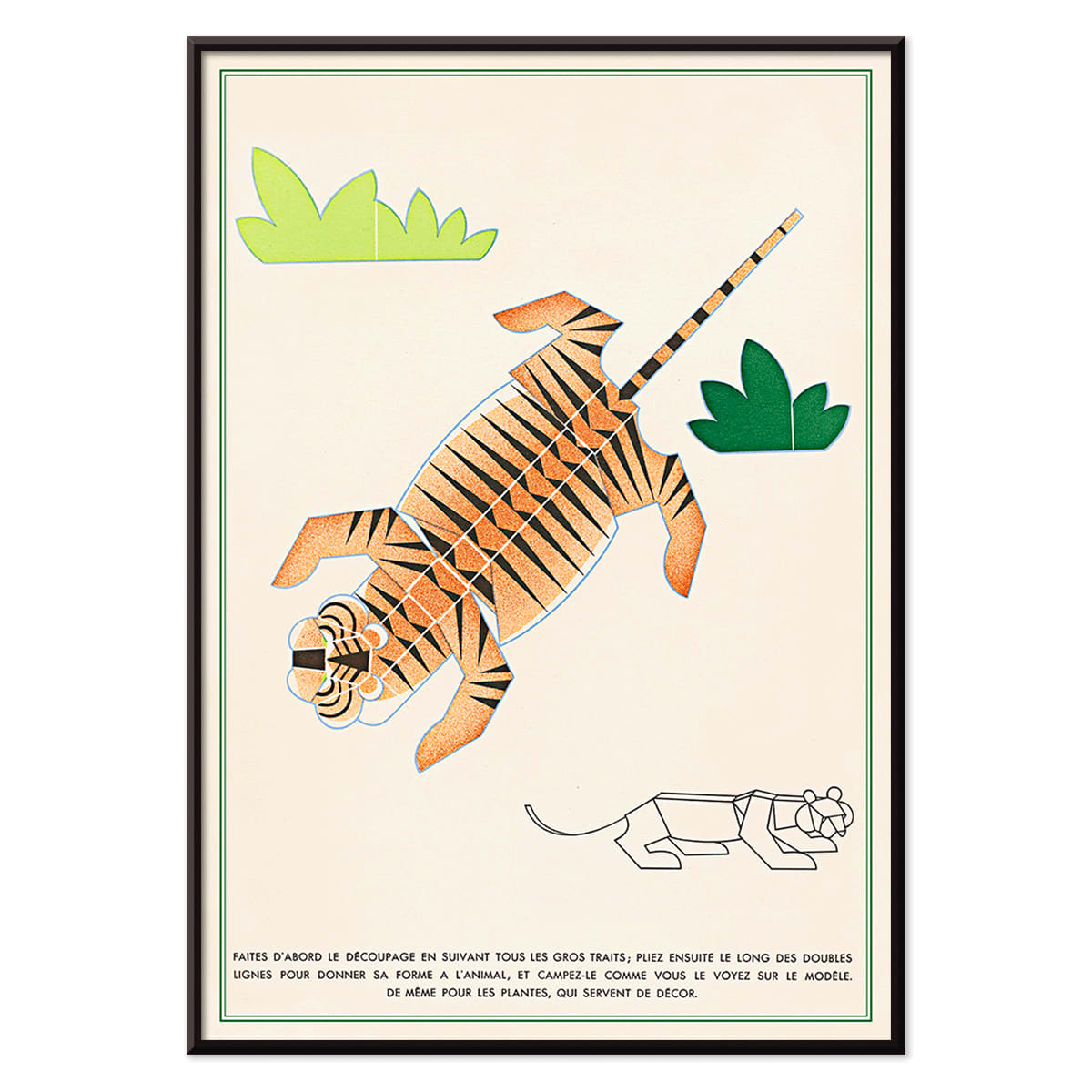 Geometric illustration poster of a tiger with plants in La Jungle chez moi Pl 08 by Turenne Chevallereau, with black aluminium frame on white background