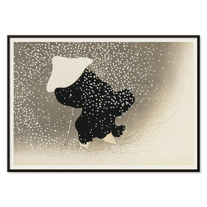 Poster of Tomoe no yuki by Kamisaka Sekka showing a snowy scene with a silhouette of a figure in dark attire under heavy snowfall wearing a white hat and holding a walking stick, with black aluminium frame on white background