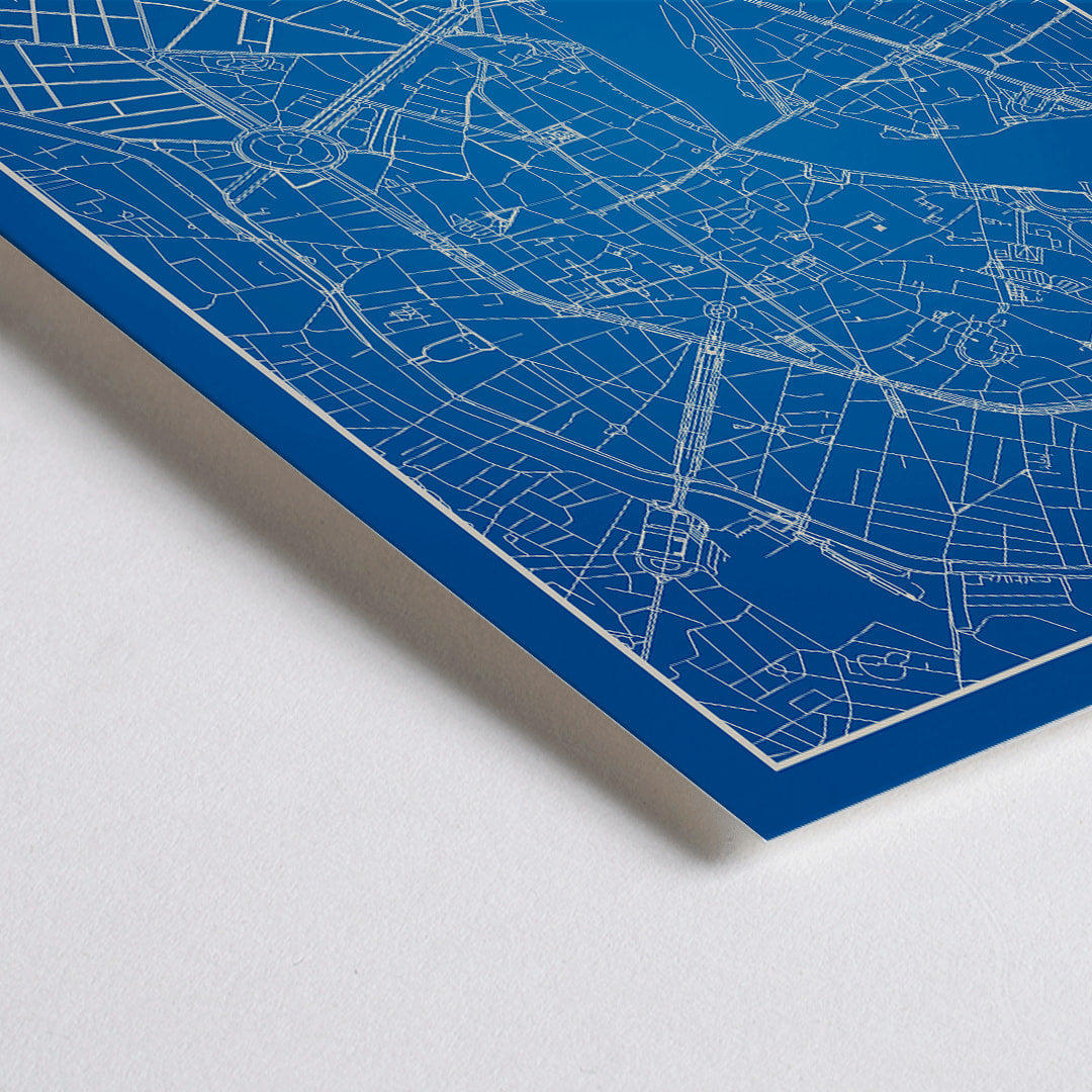 Closeup detail of Blue and white minimalist map of Toulouse poster with white building silhouettes at the bottom modern wall art titled Minimalist Toulouse Map