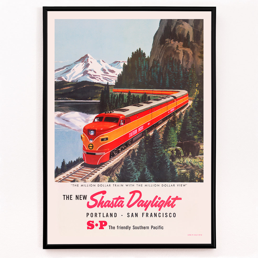 Closeup detail of Colorful red train traveling through scenic mountain landscape Shasta Daylight Portland San Francisco vintage artwork poster