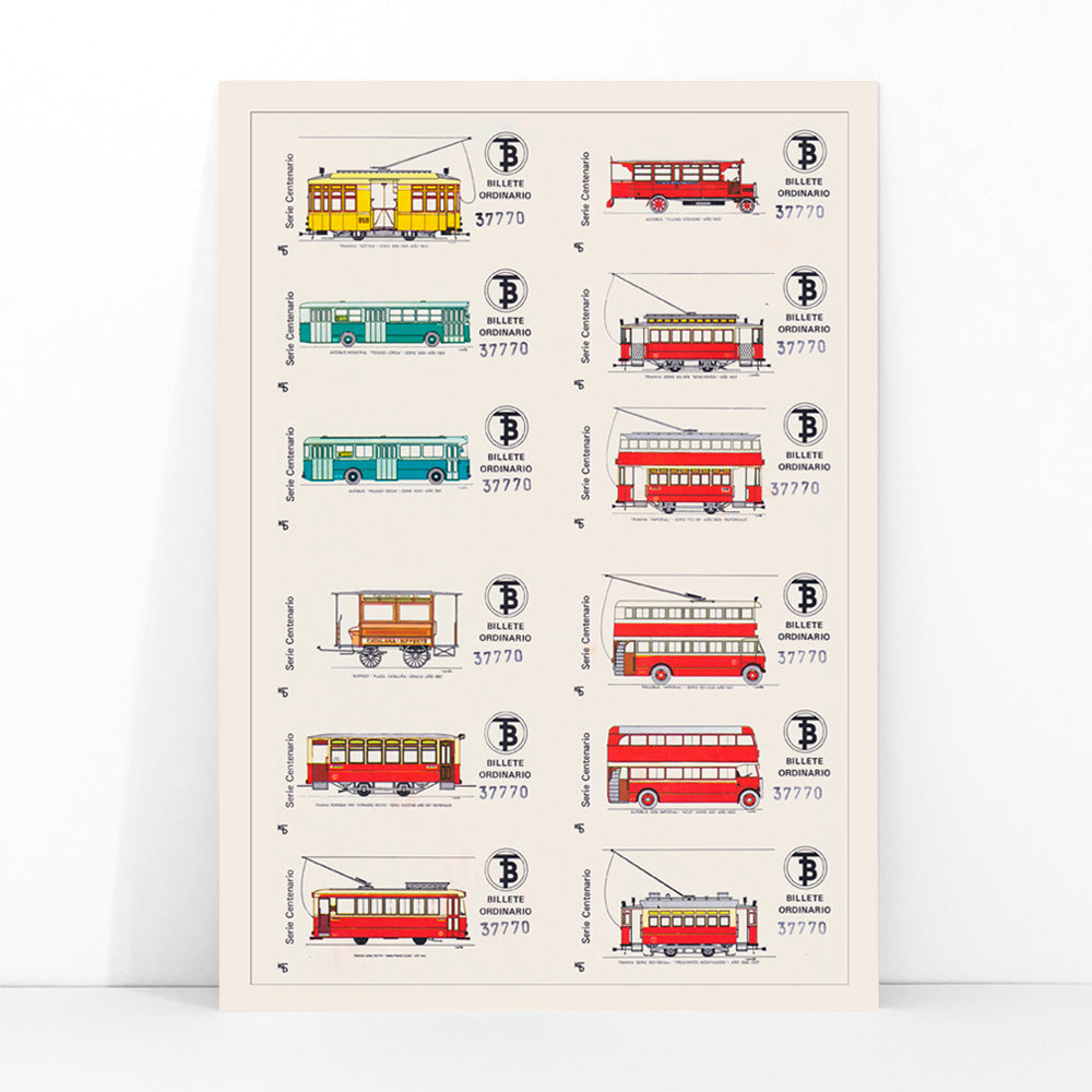 Vintage Barcelona bus and tram ticket illustrations poster Billetes Bus Barcelona artwork, framed and displayed in modern living room decor