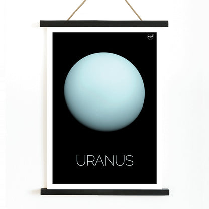 NASA poster of the planet Uranus featuring a light blue sphere against a black background with the title Uranus, with wooden magnetic frame on white background