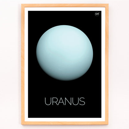 NASA poster of the planet Uranus featuring a light blue sphere against a black background with the title Uranus, framed and displayed in modern living room decor