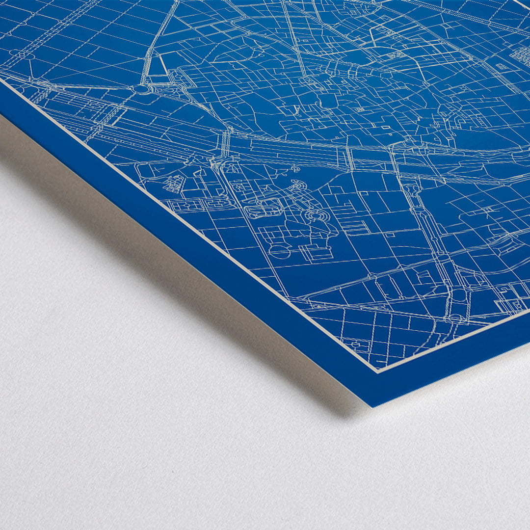 Closeup detail of Minimalist Valencia Map poster by artist Minimalist featuring a detailed blue and white city map and skyline