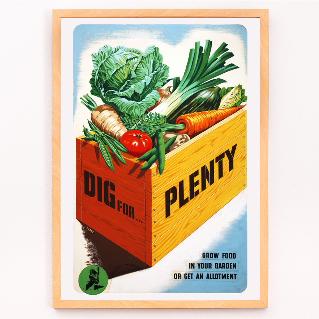 Closeup detail of Vintage poster of a crate of fresh garden vegetables with text Dig for Plenty promoting self-sufficiency artwork by Mary Le Bon