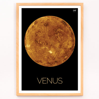 Planet Venus illustration and poster by NASA showing a detailed orange and brown view of the planet on a black background, framed and displayed in modern living room decor