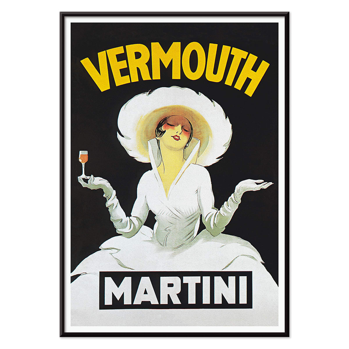 Vermouth Martini by Marcello Dudovich vintage poster art featuring an elegant woman in white holding a glass against a black background, with black aluminium frame on white background