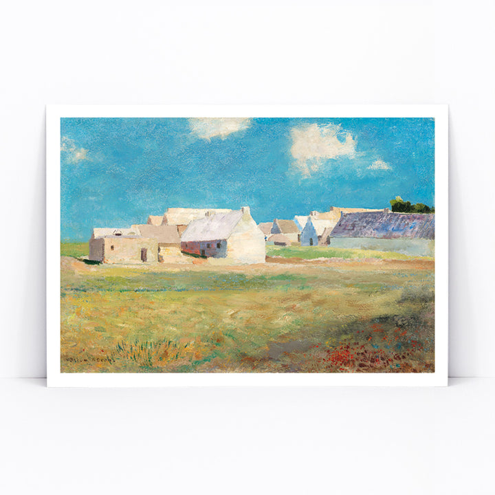 Breton Village by Odilon Redon rural landscape poster with houses blue sky and open grassy fields, framed and displayed in modern living room decor