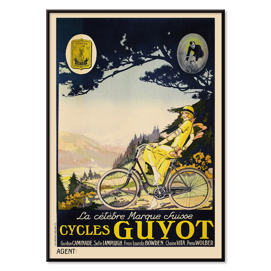 Woman in yellow riding a bicycle through a scenic landscape Cycles Guyot vintage poster artwork, with black aluminium frame on white background