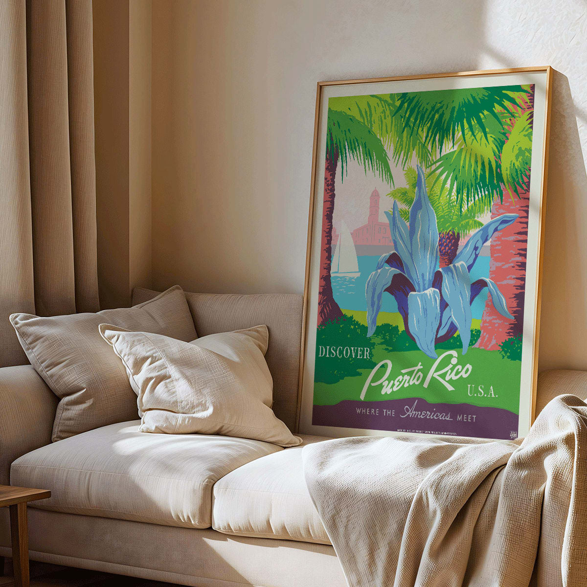 Discover Puerto Rico travel poster by WPA featuring vibrant tropical scenery tropical plants a sailboat and a historic fort in colorful art, framed and displayed in modern living room decor