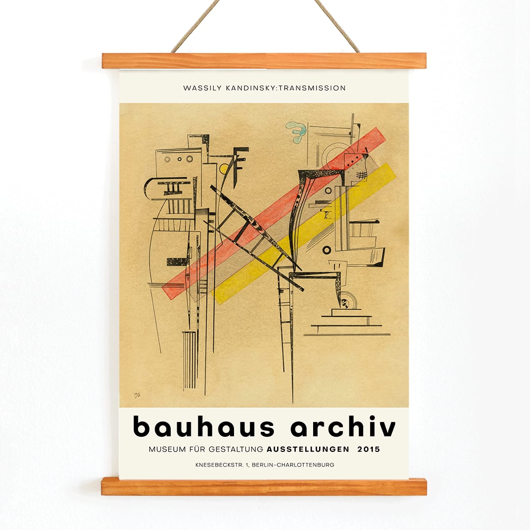 Transmission by Wassily Kandinsky abstract geometric forms poster at Bauhaus Archiv Museum Berlin exhibition, with wooden magnetic frame on white background
