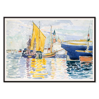 Venice The Giudecca by Henri Edmond Cross colorful sailboats and canals with vibrant reflections poster artwork, with black aluminium frame on white background