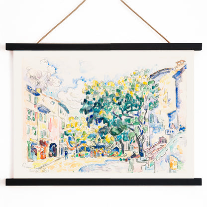 Colorful town square and vibrant street scene in Antibes with trees and buildings by Paul Signac poster, with wooden magnetic frame on white background