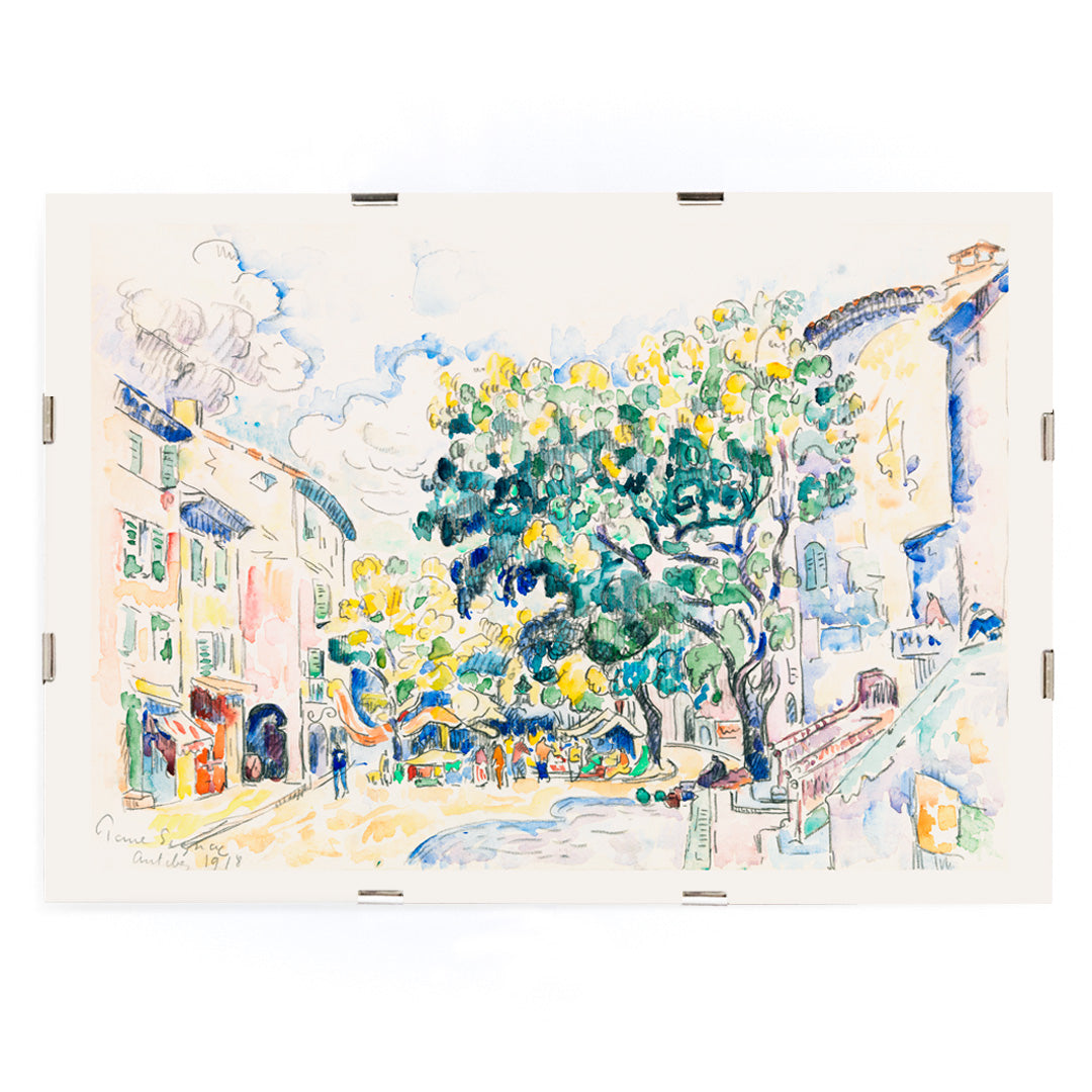 Colorful town square and vibrant street scene in Antibes with trees and buildings by Paul Signac poster, framed and displayed in modern living room decor